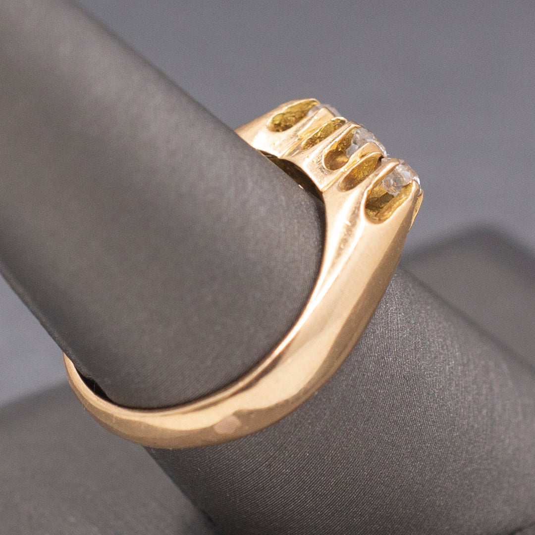 Antique Victorian Three Stone Old Mine Cut Diamond Belcher Set Band Ring in 14k Yellow Gold