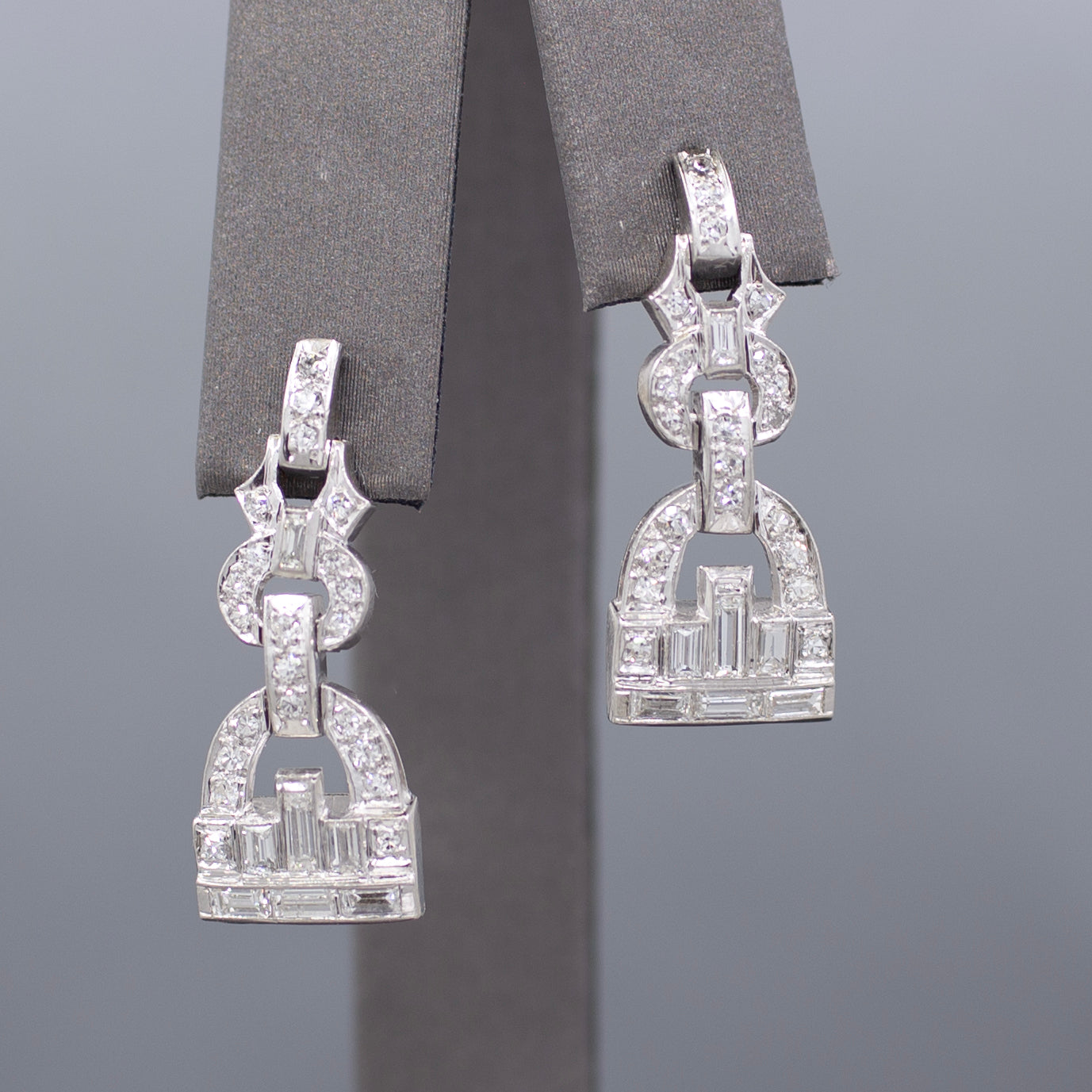 Sparkling Art Deco Baguette and Round Diamond Dangle Earrings in Platinum