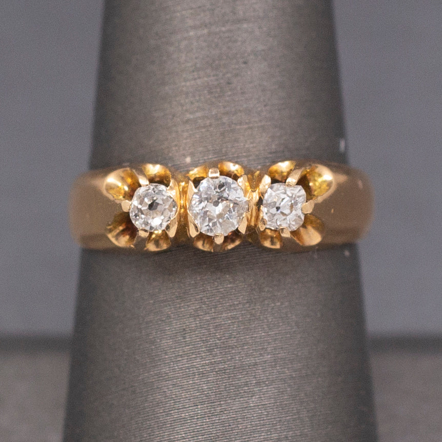 Antique Victorian Three Stone Old Mine Cut Diamond Belcher Set Band Ring in 14k Yellow Gold
