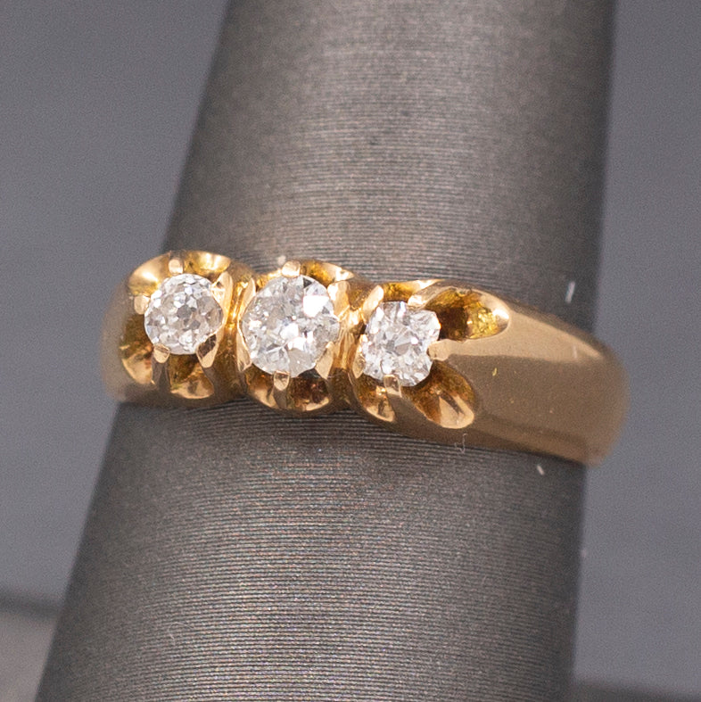 Antique Victorian Three Stone Old Mine Cut Diamond Belcher Set Band Ring in 14k Yellow Gold