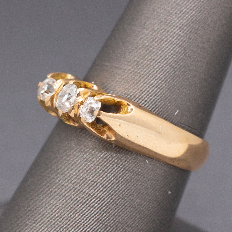 Antique Victorian Three Stone Old Mine Cut Diamond Belcher Set Band Ring in 14k Yellow Gold