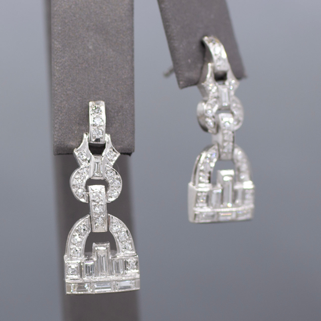 Sparkling Art Deco Baguette and Round Diamond Dangle Earrings in Platinum