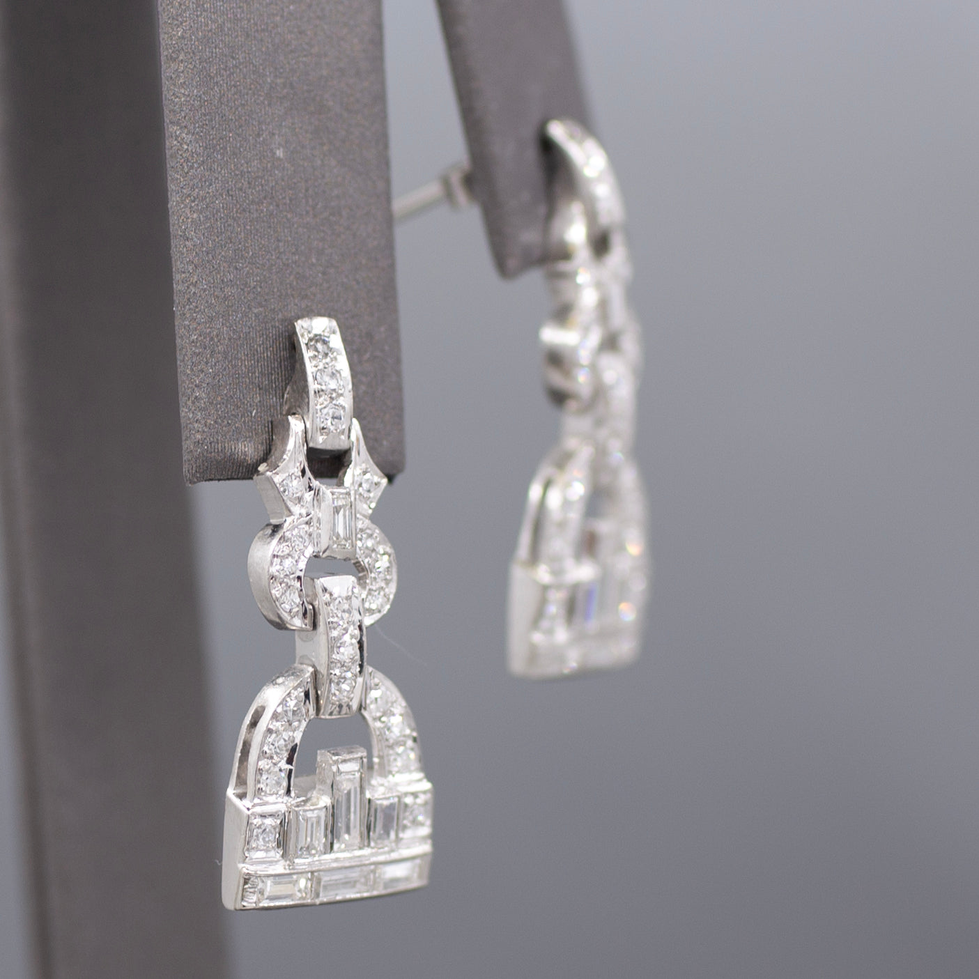 Sparkling Art Deco Baguette and Round Diamond Dangle Earrings in Platinum