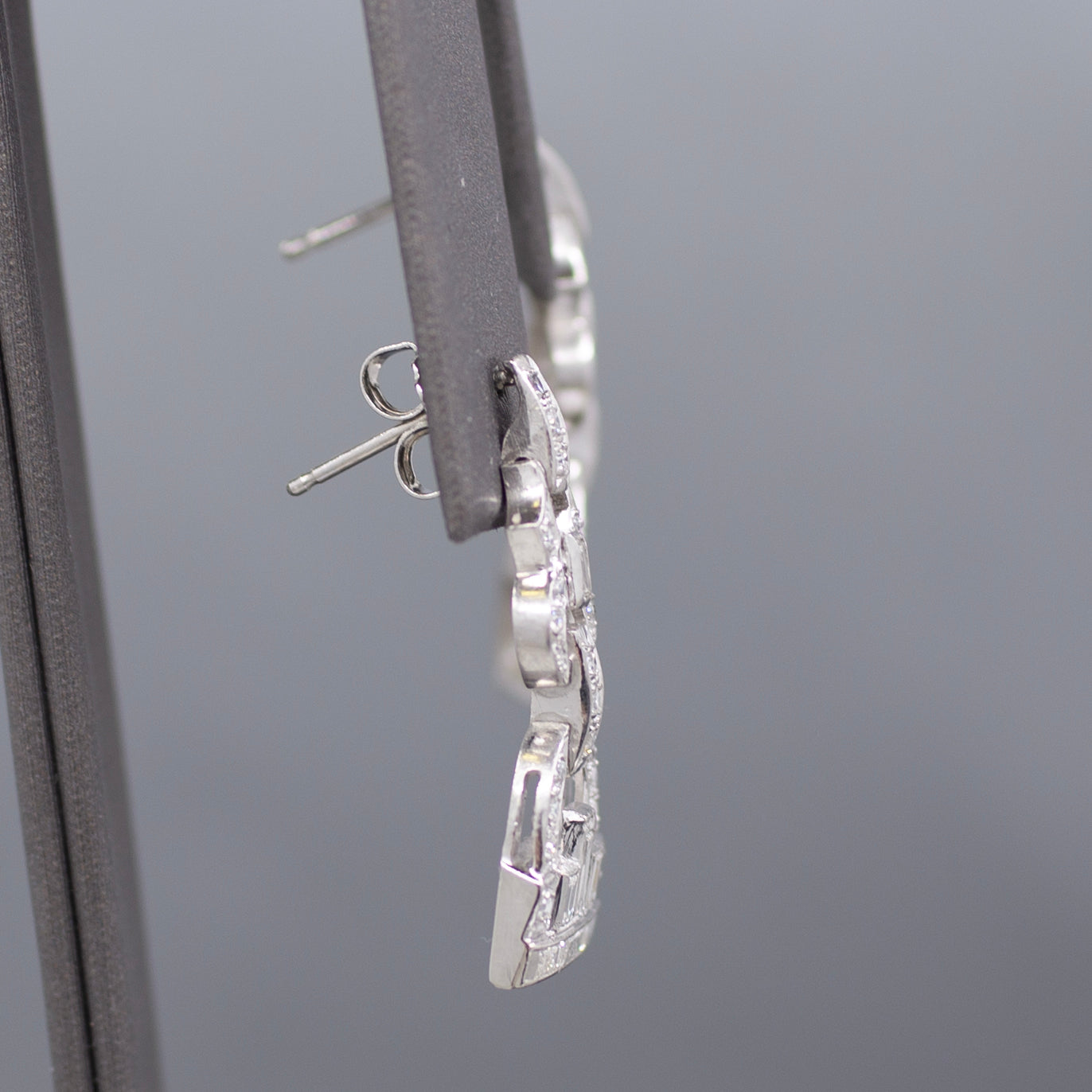 Sparkling Art Deco Baguette and Round Diamond Dangle Earrings in Platinum
