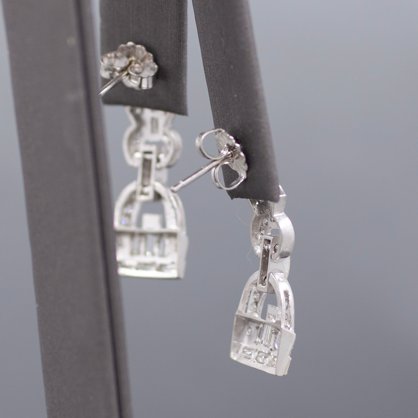 Sparkling Art Deco Baguette and Round Diamond Dangle Earrings in Platinum
