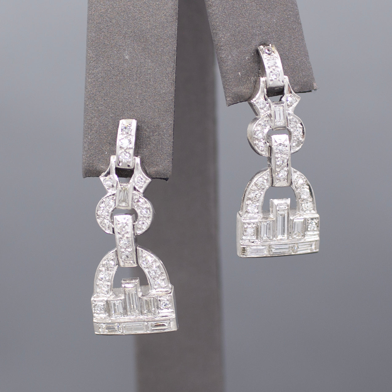 Sparkling Art Deco Baguette and Round Diamond Dangle Earrings in Platinum