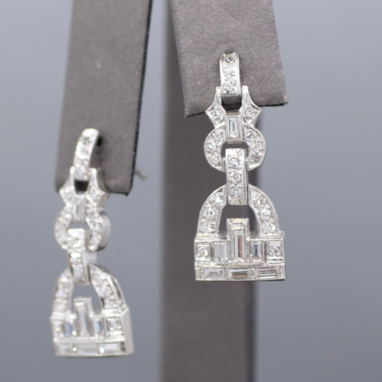 Sparkling Art Deco Baguette and Round Diamond Dangle Earrings in Platinum