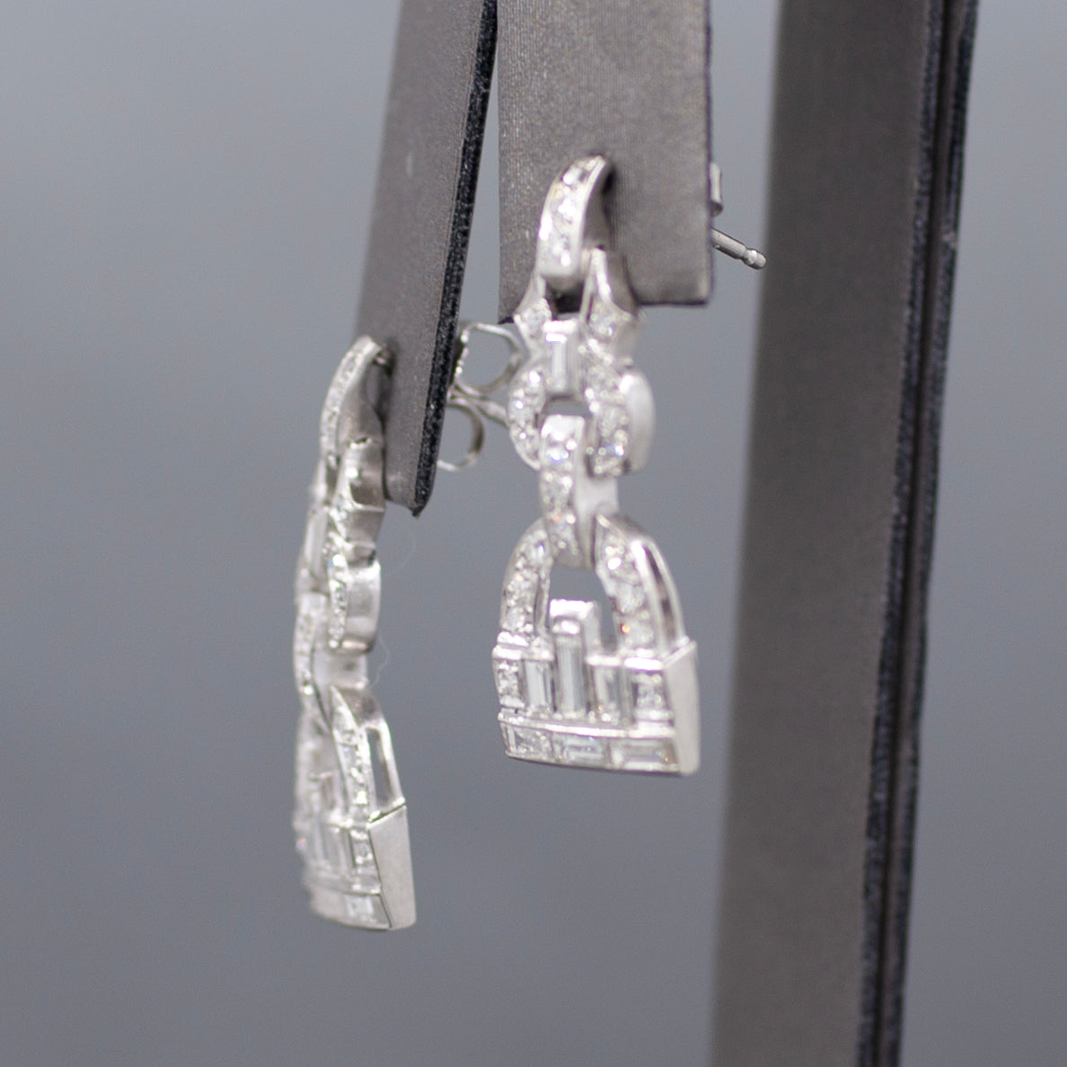 Sparkling Art Deco Baguette and Round Diamond Dangle Earrings in Platinum