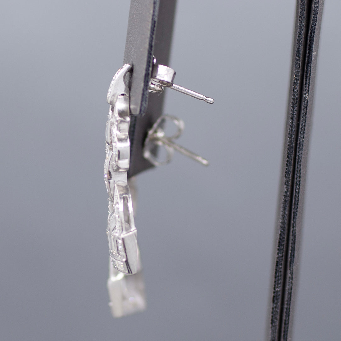 Sparkling Art Deco Baguette and Round Diamond Dangle Earrings in Platinum