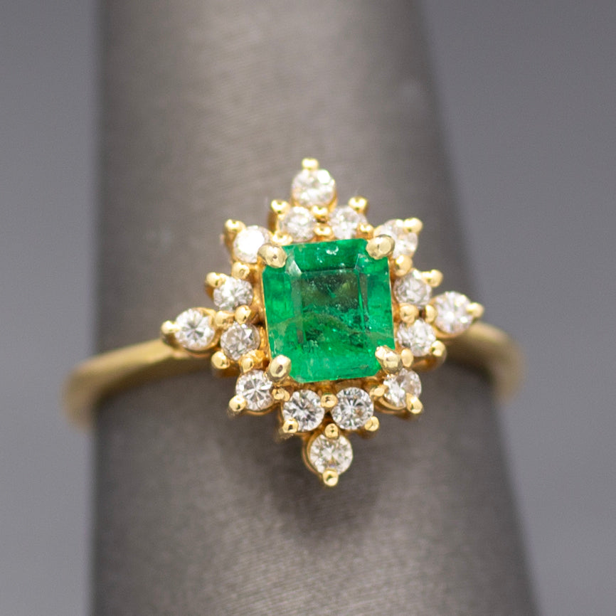 Sparkling Emerald and Diamond North Star Ring in 14k Yellow Gold