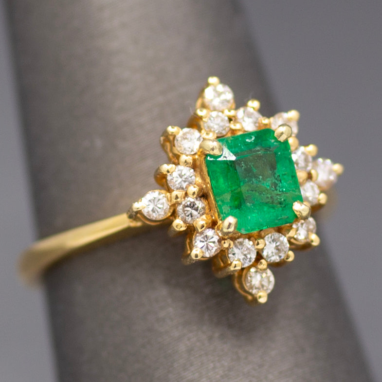 Sparkling Emerald and Diamond North Star Ring in 14k Yellow Gold