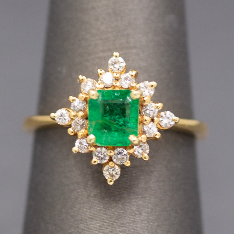 Sparkling Emerald and Diamond North Star Ring in 14k Yellow Gold