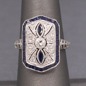 Art Deco Inspired Diamond and Sapphire Engraved Cocktail Ring in Platinum