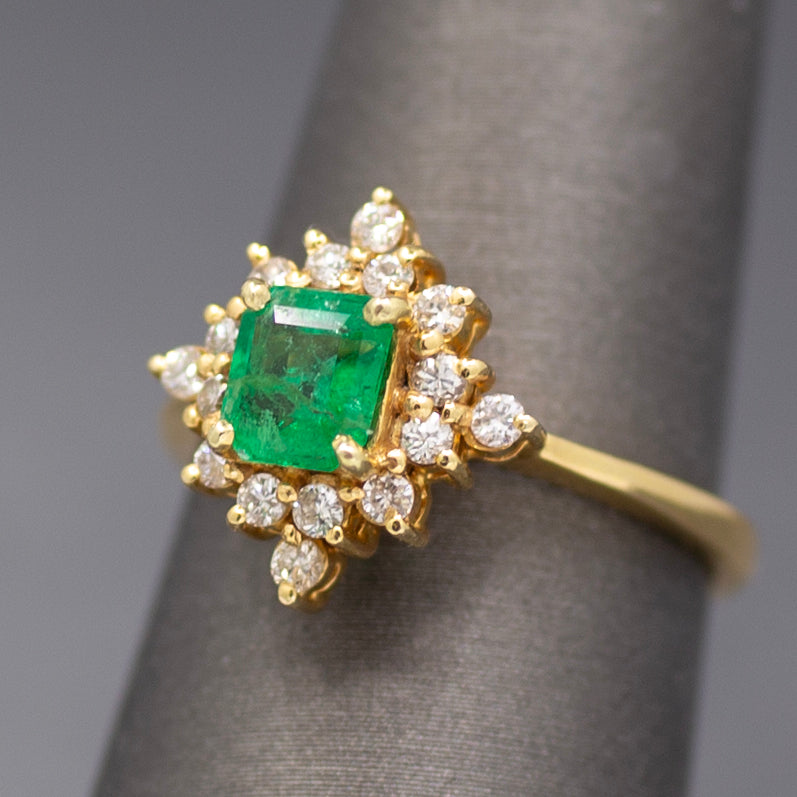Sparkling Emerald and Diamond North Star Ring in 14k Yellow Gold