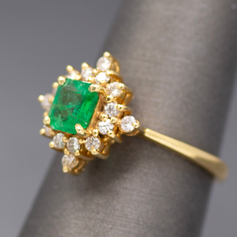 Sparkling Emerald and Diamond North Star Ring in 14k Yellow Gold