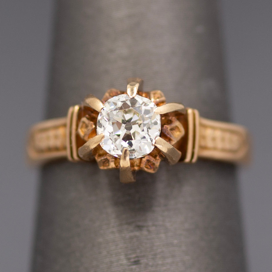 Antique Old Mine Cut Diamond Solitaire in Architectural 14k Rose Gold Ring