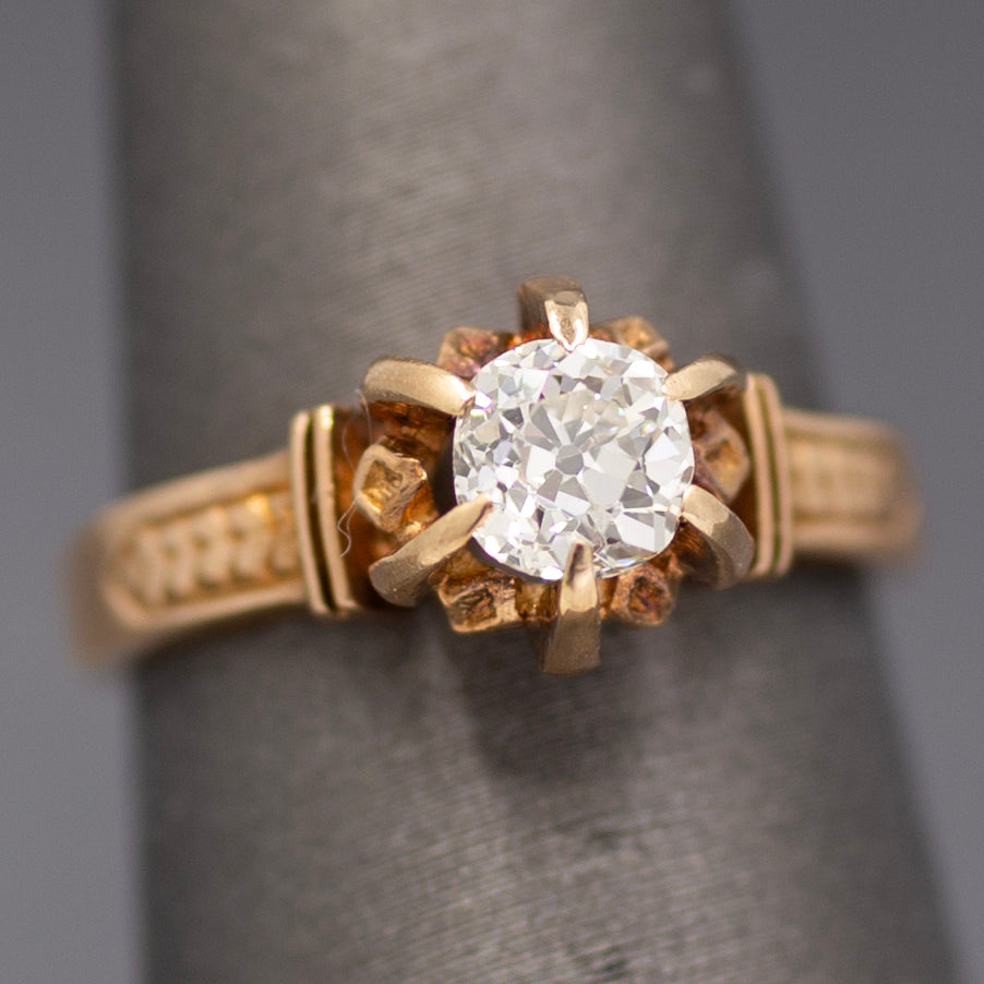 Antique Old Mine Cut Diamond Solitaire in Architectural 14k Rose Gold Ring