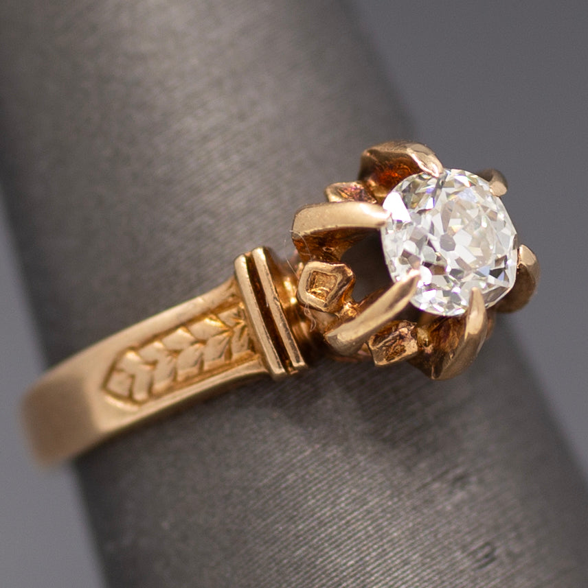 Antique Old Mine Cut Diamond Solitaire in Architectural 14k Rose Gold Ring