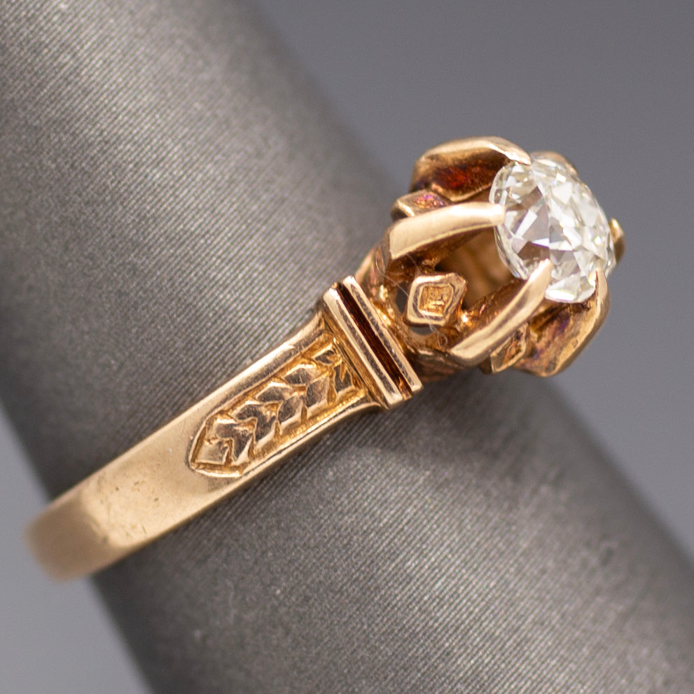 Antique Old Mine Cut Diamond Solitaire in Architectural 14k Rose Gold Ring