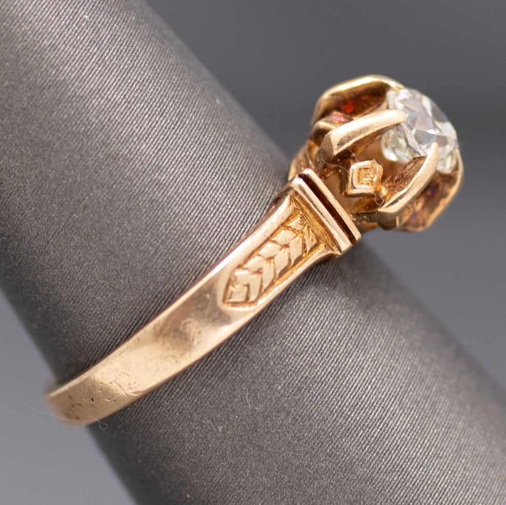 Antique Old Mine Cut Diamond Solitaire in Architectural 14k Rose Gold Ring