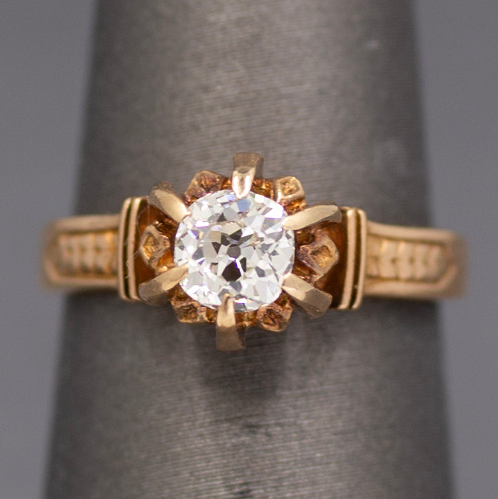 Antique Old Mine Cut Diamond Solitaire in Architectural 14k Rose Gold Ring
