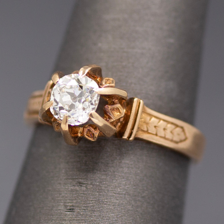 Antique Old Mine Cut Diamond Solitaire in Architectural 14k Rose Gold Ring
