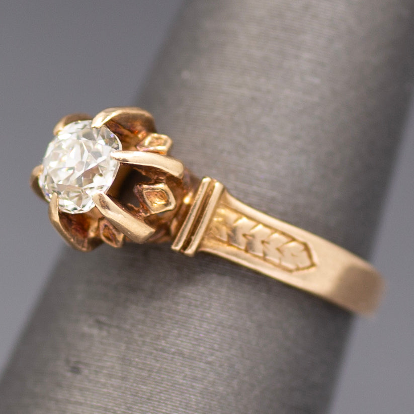 Antique Old Mine Cut Diamond Solitaire in Architectural 14k Rose Gold Ring