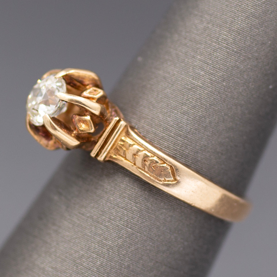 Antique Old Mine Cut Diamond Solitaire in Architectural 14k Rose Gold Ring