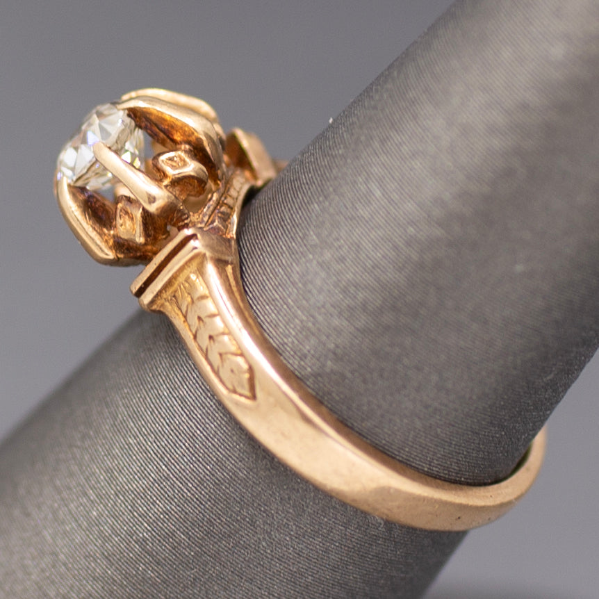 Antique Old Mine Cut Diamond Solitaire in Architectural 14k Rose Gold Ring