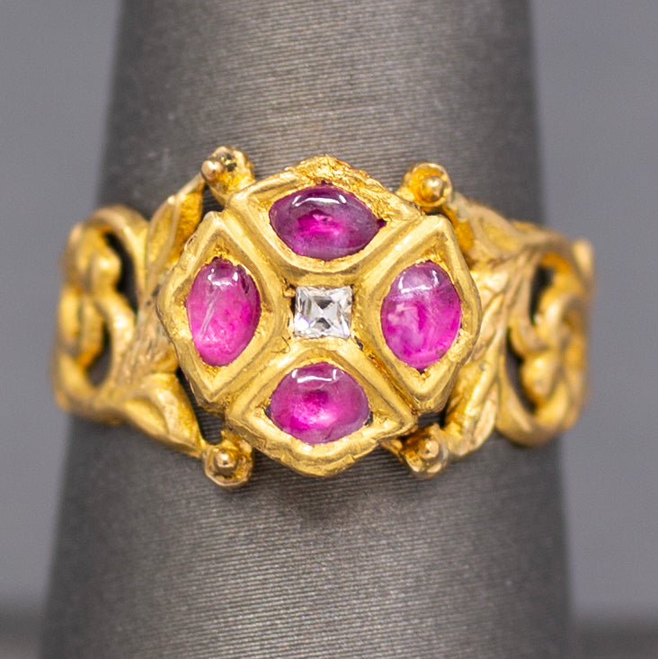 Ruby and Rose Cut Diamond Floral Scroll Band Ring in 22k Yellow Gold