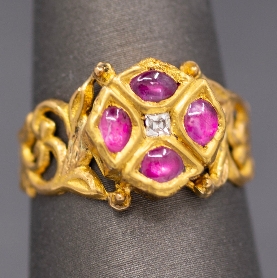 Ruby and Rose Cut Diamond Floral Scroll Band Ring in 22k Yellow Gold