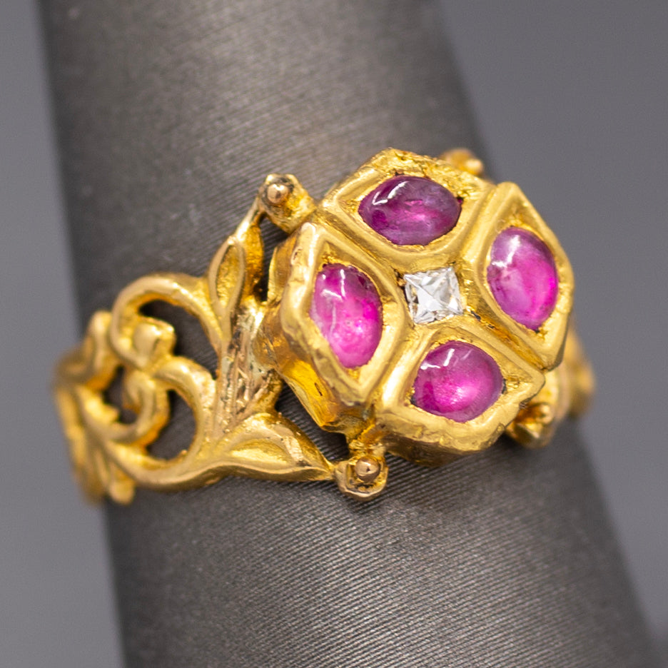 Ruby and Rose Cut Diamond Floral Scroll Band Ring in 22k Yellow Gold