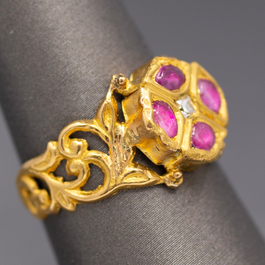 Ruby and Rose Cut Diamond Floral Scroll Band Ring in 22k Yellow Gold