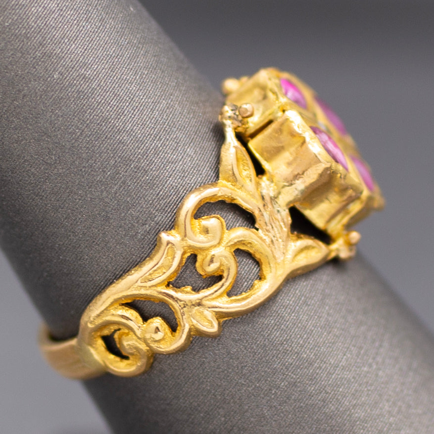 Ruby and Rose Cut Diamond Floral Scroll Band Ring in 22k Yellow Gold