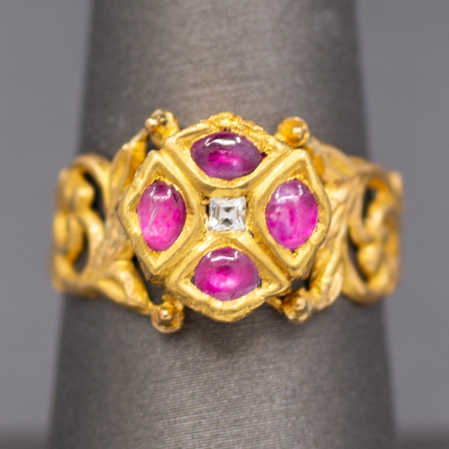 Ruby and Rose Cut Diamond Floral Scroll Band Ring in 22k Yellow Gold
