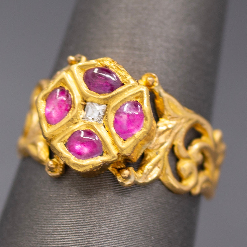 Ruby and Rose Cut Diamond Floral Scroll Band Ring in 22k Yellow Gold