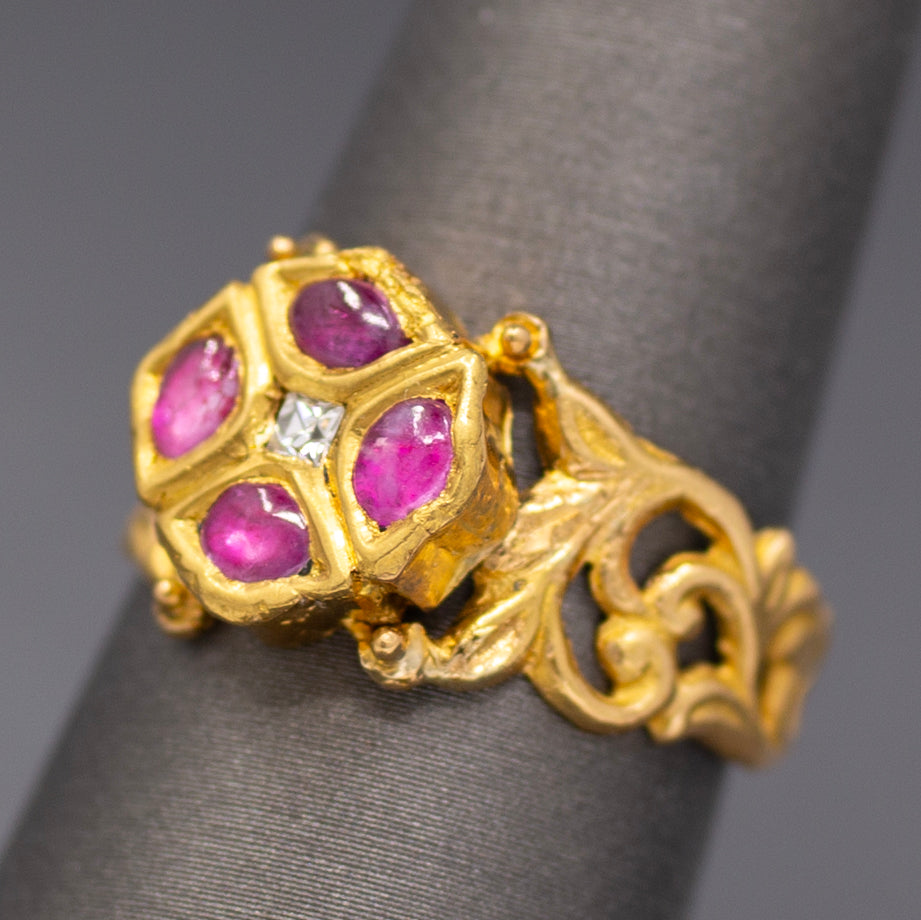 Ruby and Rose Cut Diamond Floral Scroll Band Ring in 22k Yellow Gold