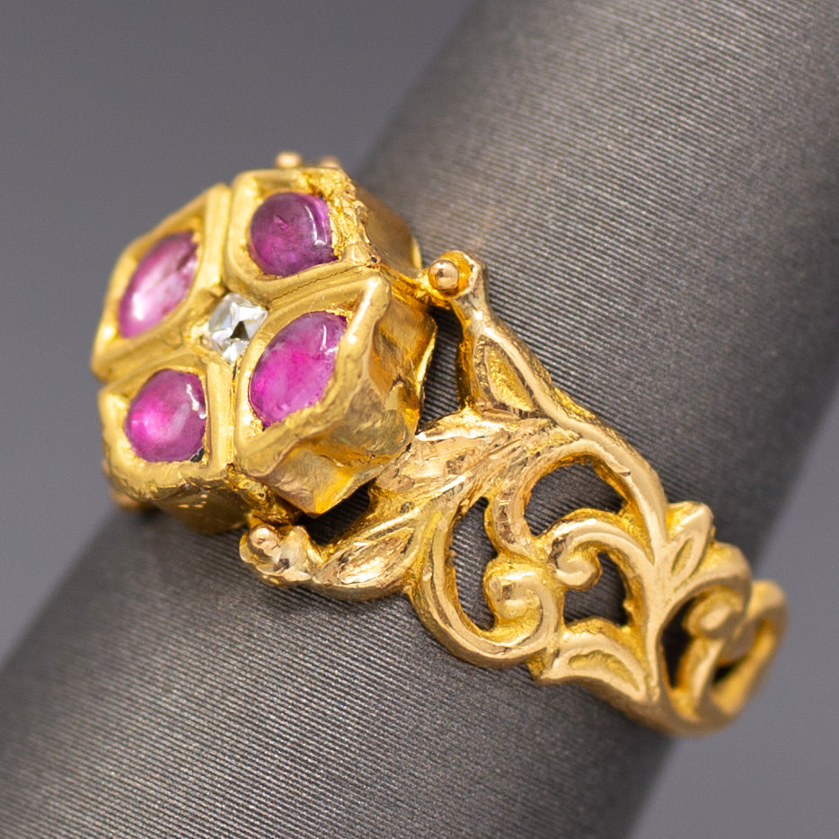 Ruby and Rose Cut Diamond Floral Scroll Band Ring in 22k Yellow Gold