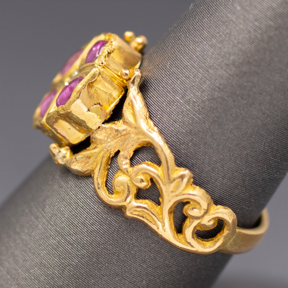 Ruby and Rose Cut Diamond Floral Scroll Band Ring in 22k Yellow Gold