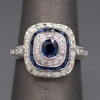 Vintage Blue Sapphire and Diamond Double Halo Bezel Set Oval Ring in 14k White Gold