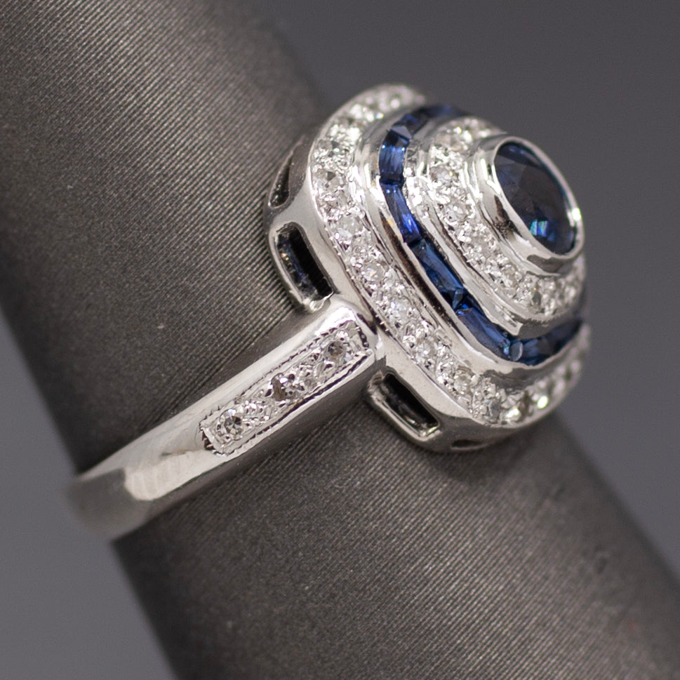 Vintage Blue Sapphire and Diamond Double Halo Bezel Set Oval Ring in 14k White Gold