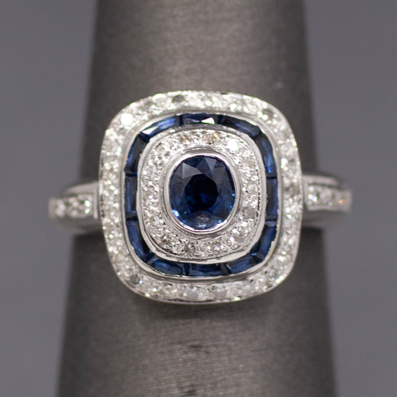 Vintage Blue Sapphire and Diamond Double Halo Bezel Set Oval Ring in 14k White Gold