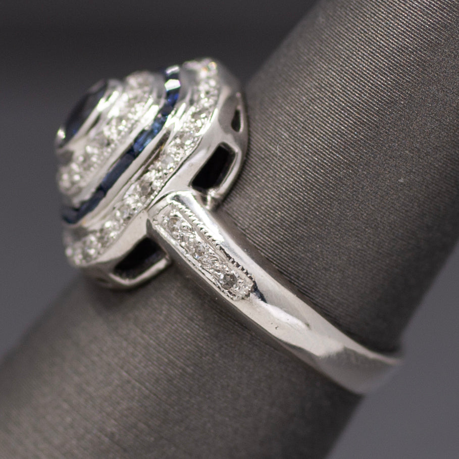 Vintage Blue Sapphire and Diamond Double Halo Bezel Set Oval Ring in 14k White Gold