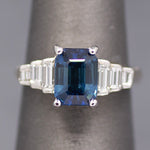 Sleek GIA Certified Blue Sapphire and Baguette Diamond Ring in 18k White Gold