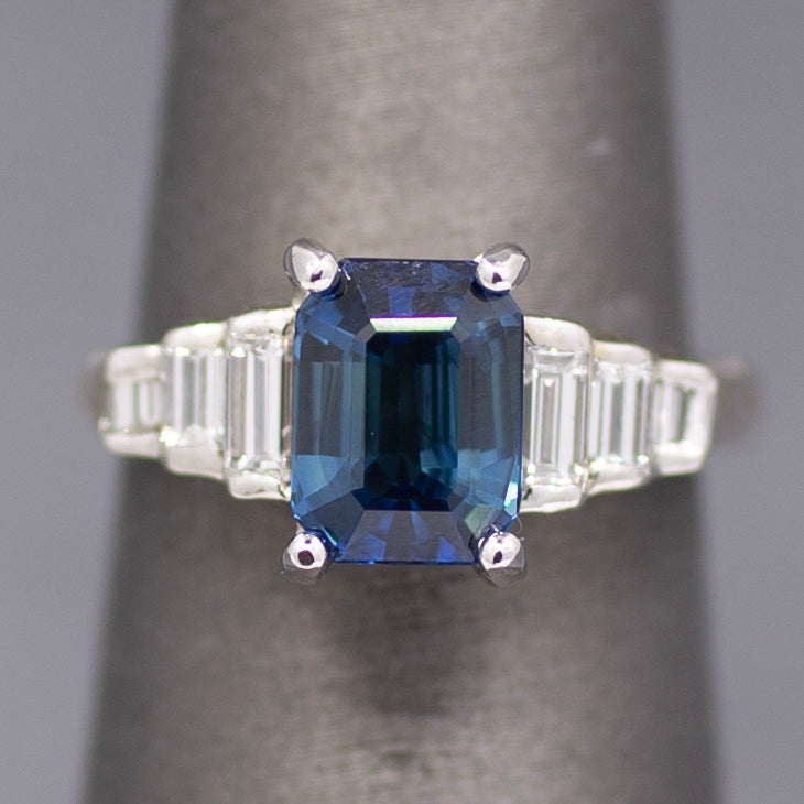 Sleek GIA Certified Blue Sapphire and Baguette Diamond Ring in 18k White Gold