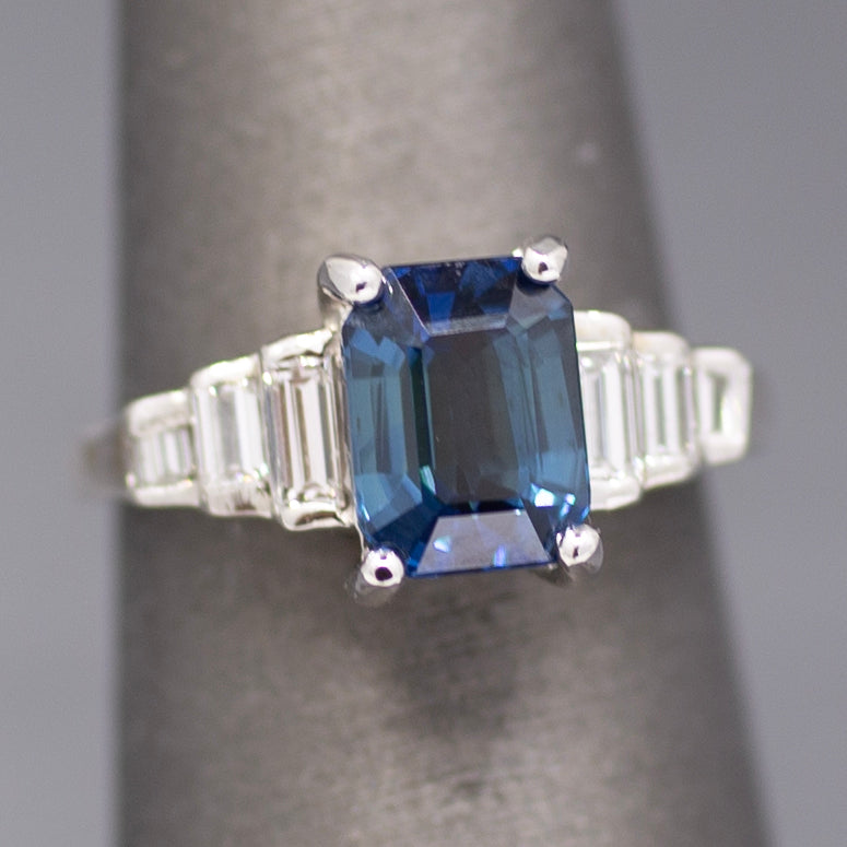 Sleek GIA Certified Blue Sapphire and Baguette Diamond Ring in 18k White Gold
