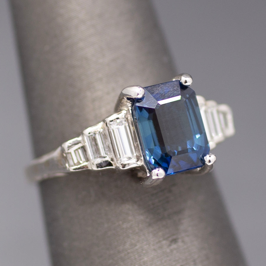 Sleek GIA Certified Blue Sapphire and Baguette Diamond Ring in 18k White Gold