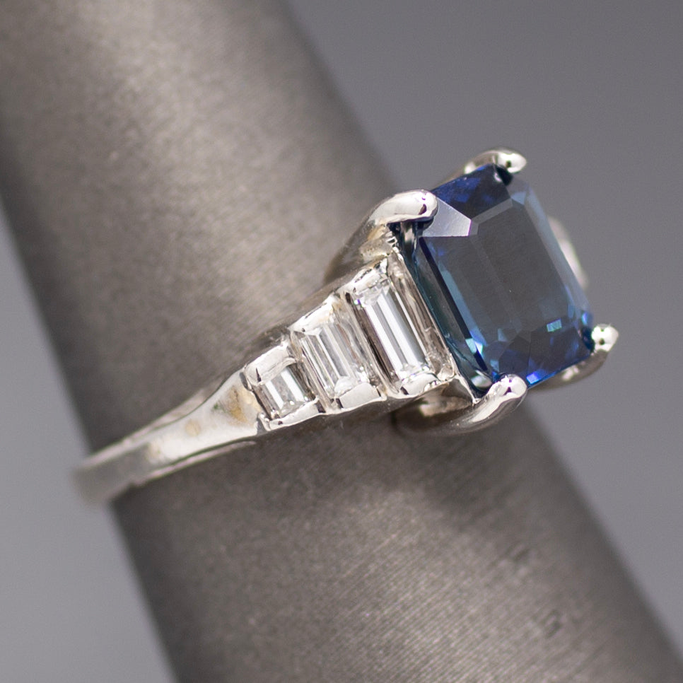 Sleek GIA Certified Blue Sapphire and Baguette Diamond Ring in 18k White Gold