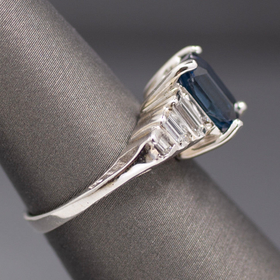 Sleek GIA Certified Blue Sapphire and Baguette Diamond Ring in 18k White Gold