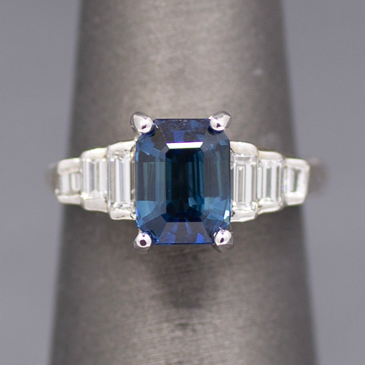 Sleek GIA Certified Blue Sapphire and Baguette Diamond Ring in 18k White Gold